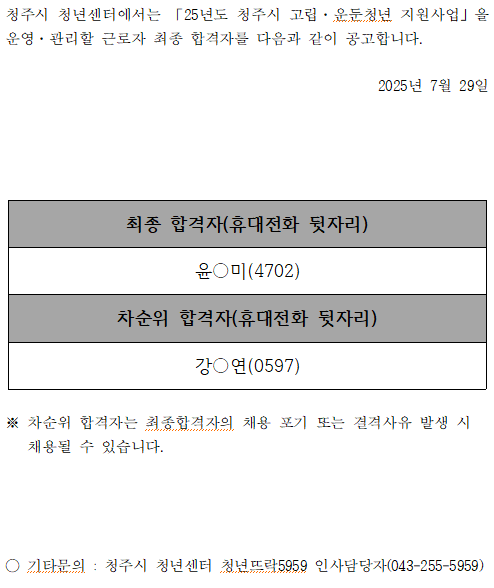 청주시 고립운둔청년 지원사업 최종합격자 발표